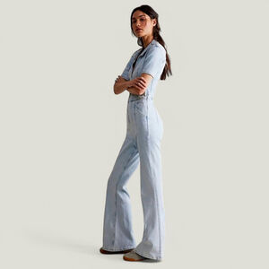 Free People 70's Jayde Flare Stretch Denim Jumpsuit Blue Women's Sz XL - Whimsy